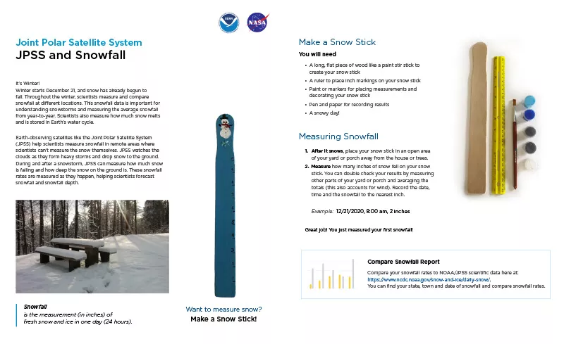 Collage of activity text and photos a snow scene and snow stick.