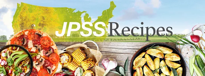 Composite image with platters of food on a table with a field and sky in the background.