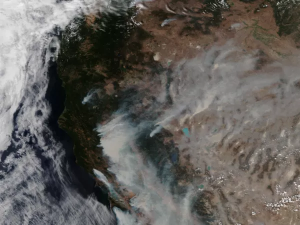 Satellite image showing smoke from multiple fires in northern California