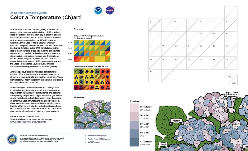 Composite view of activity page instructions and a grid, color blocks, and flowers.