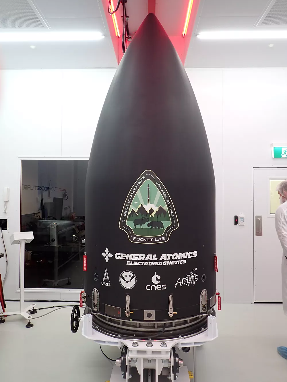 The closed Rocket Lab Electron Fairing containing the GAzelle satellite.
