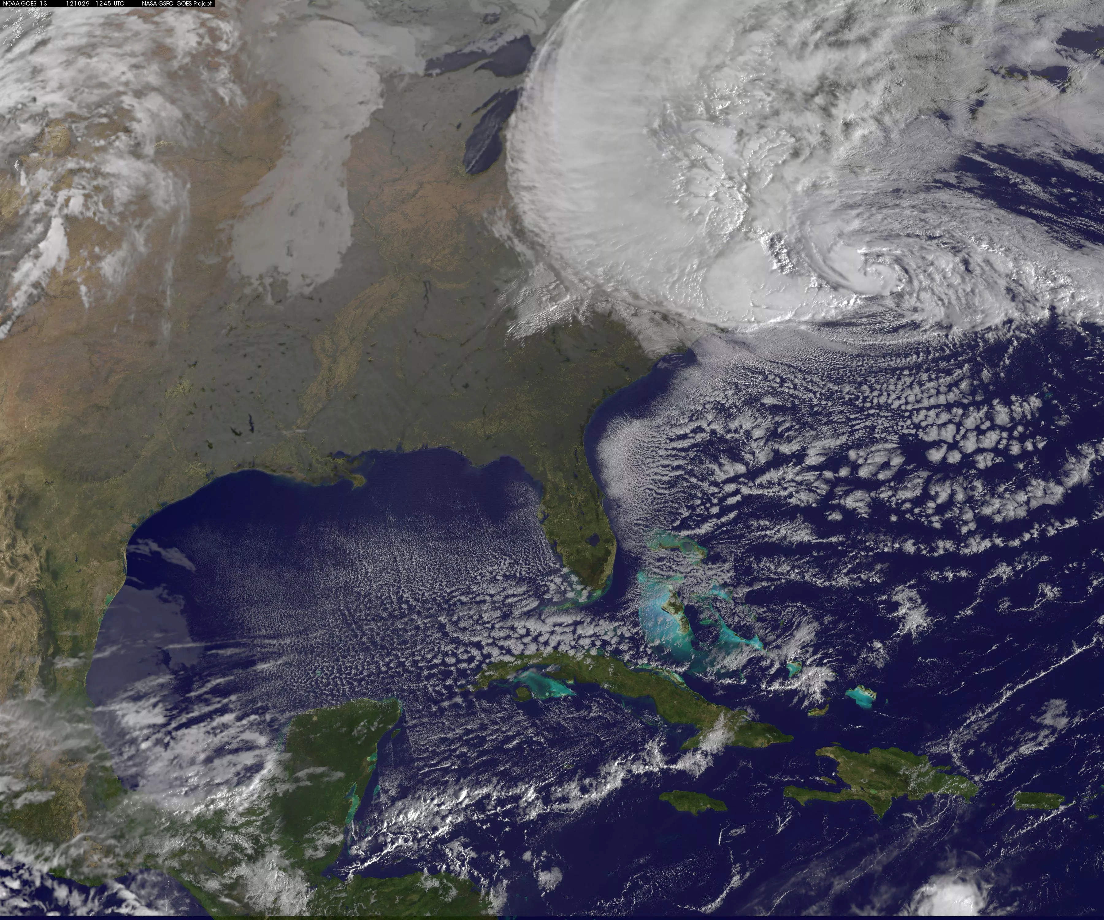 Satellite imagery of Sandy over the northeastern U.S.