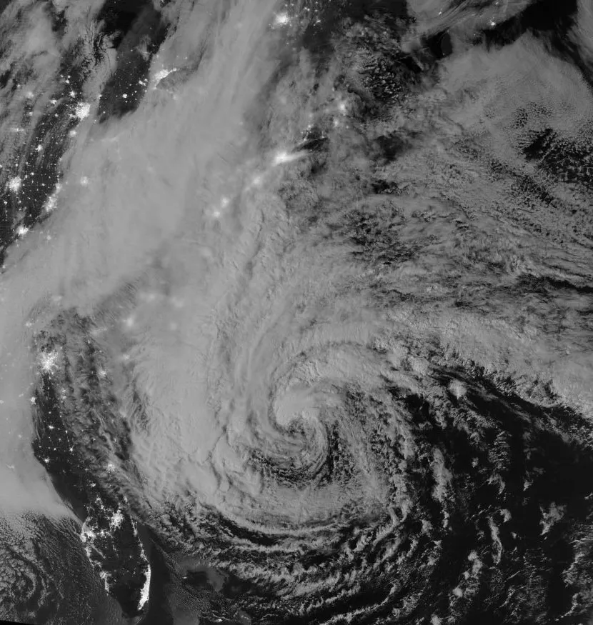 A Visible Infrared Imaging Radiometer Suite (VIIRS) Day-Night Band image from the NOAA/NASA Suomi-NPP satellite showing the size of Sandy’s cloud shield and the nighttime lights of the eastern U.S. around 2:42 am EDT on October 28, 2012.