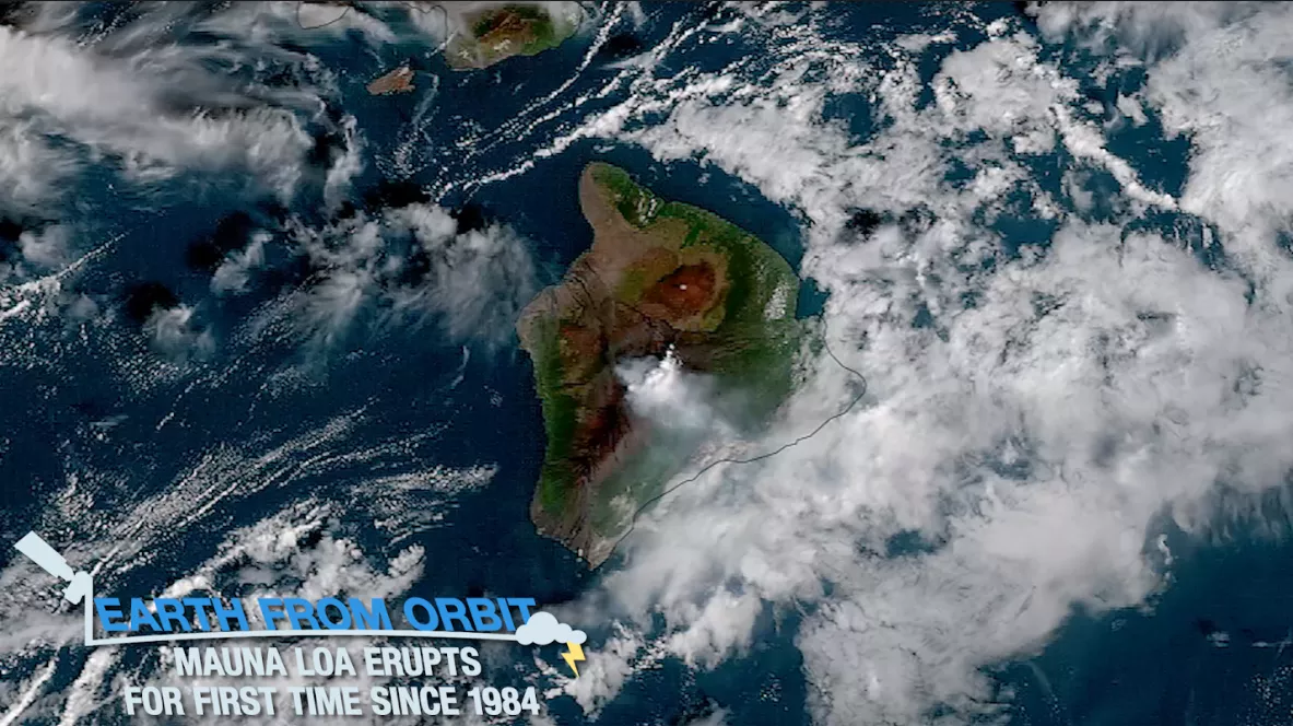Earth from Orbit Title Card showing the Big Island of Hawaii from Space with the volcanic plume of smoke.