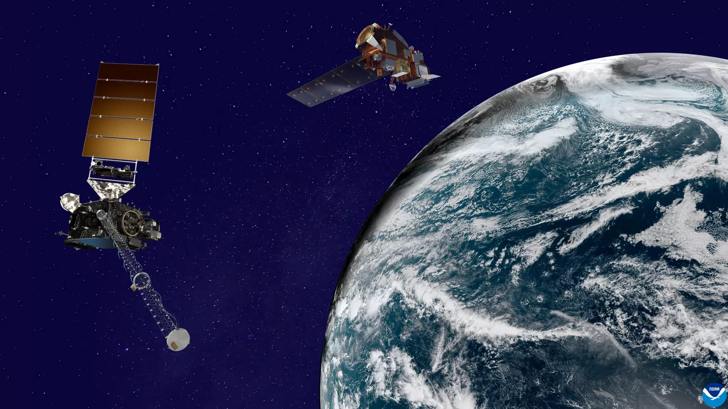 Image of the GOES and JPSS satellites orbiting the earth