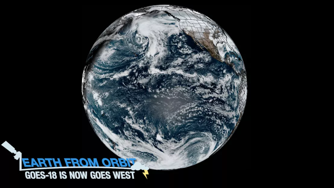 A full disk image of Earth, captured by GOES-18. The title of the article is in the lower left hand corner. 