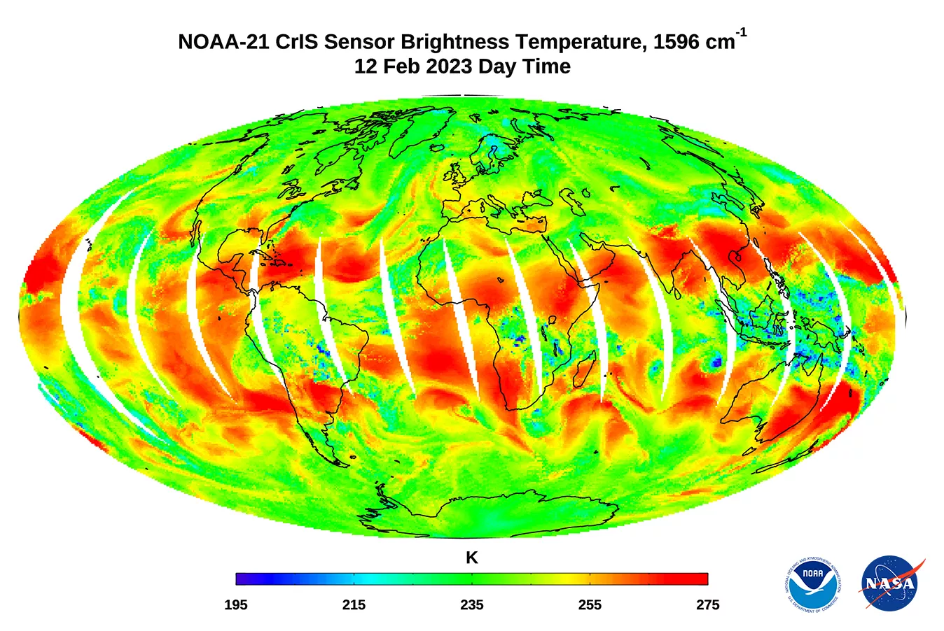 The first light image in brightness temperature was captured by the NOAA-21 CrIS sensor at the 1596 cm-1 water vapor channel on February 12, 2023.