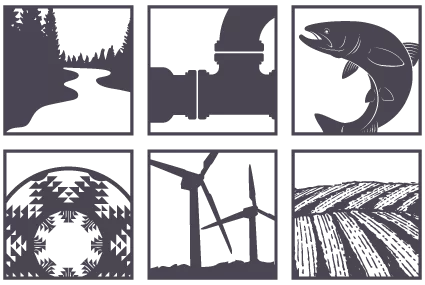 North Coast Resource Partnership Logo. Six black and white blocks depicting 1) A river running through a coniferous forest, 2) Pipes, 3) A fish, 4) A snowflake, 5) Windmills, 6) An agricultural field.