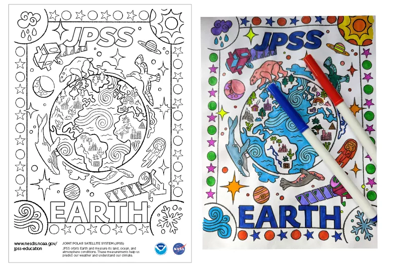 Illustration as line art next to same illustration that is colored in.