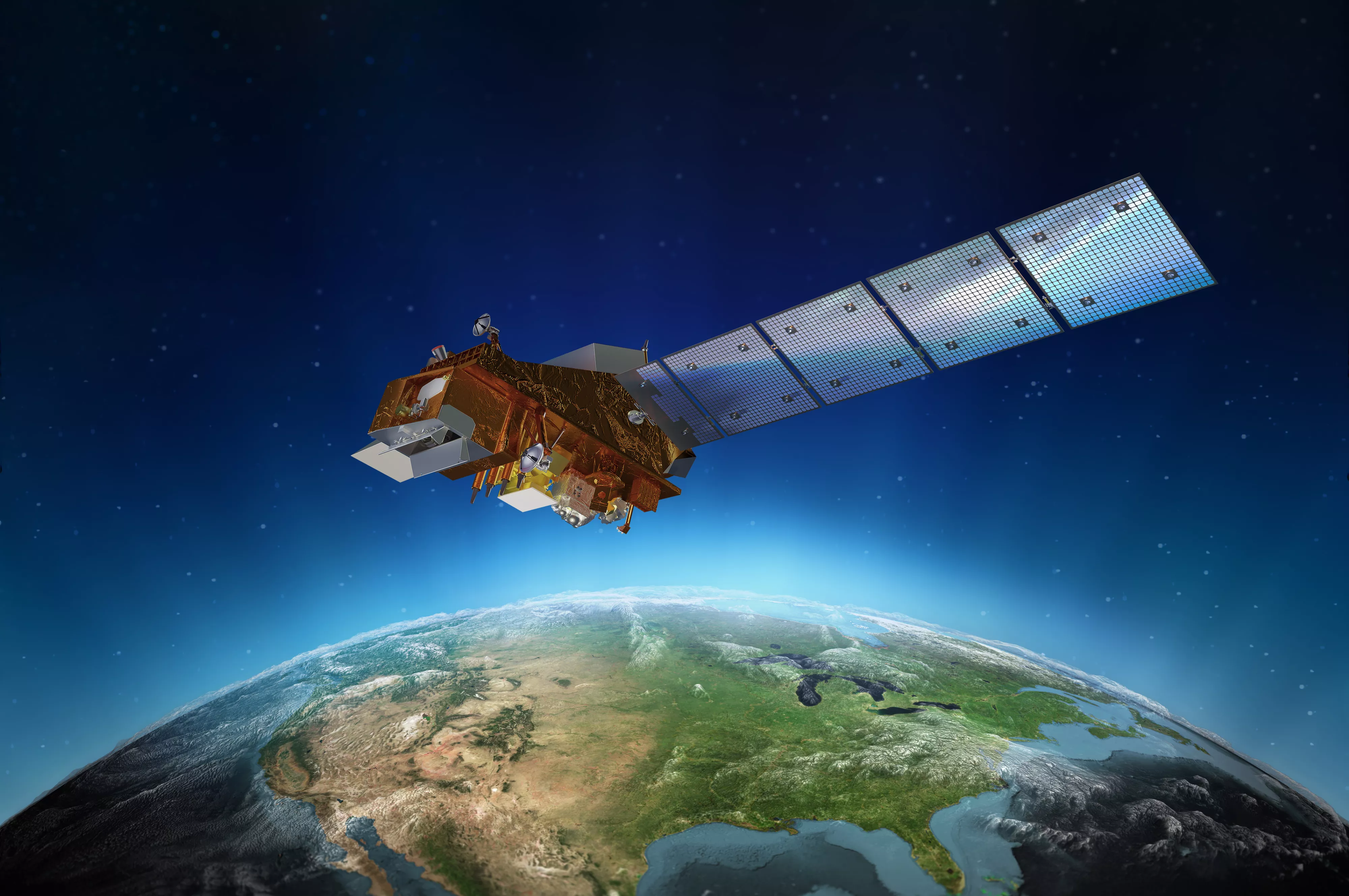 An artist's rendering of the NOAA-21 satellite in orbit above the Earth. 