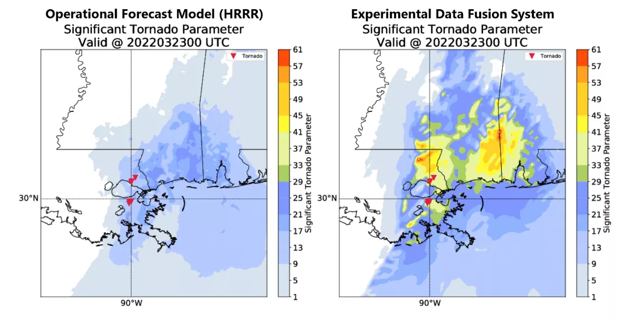 Two data maps renders comparing tornadic activity.