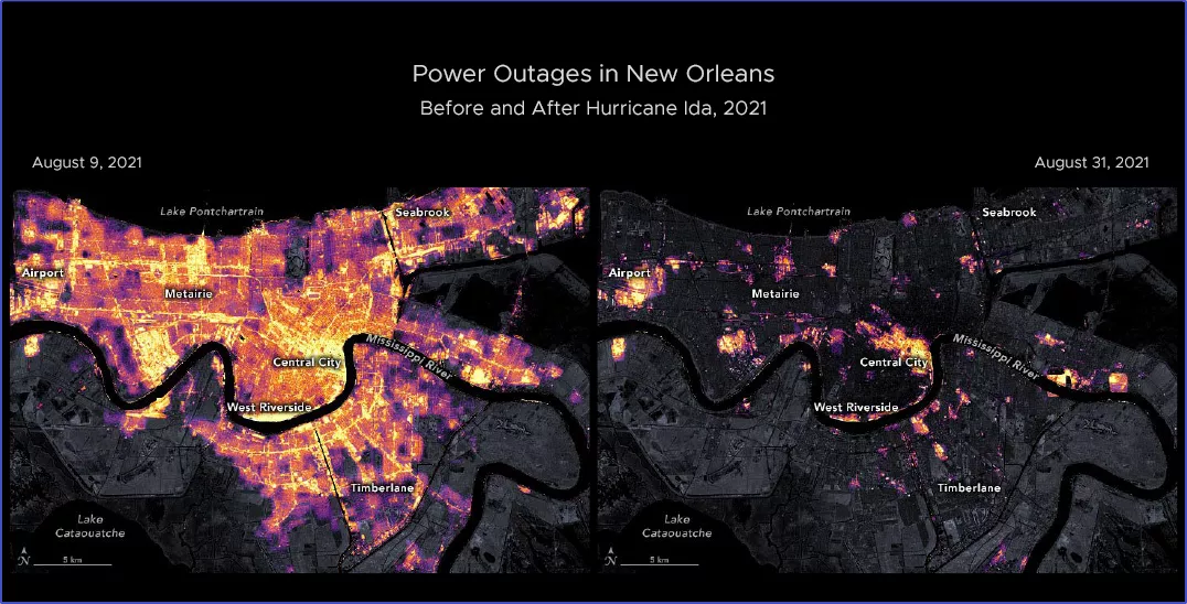 Color enhanced satellite image over Puerto Rico after Hurricane Ida, showing the distinct blackout after the hurricane.