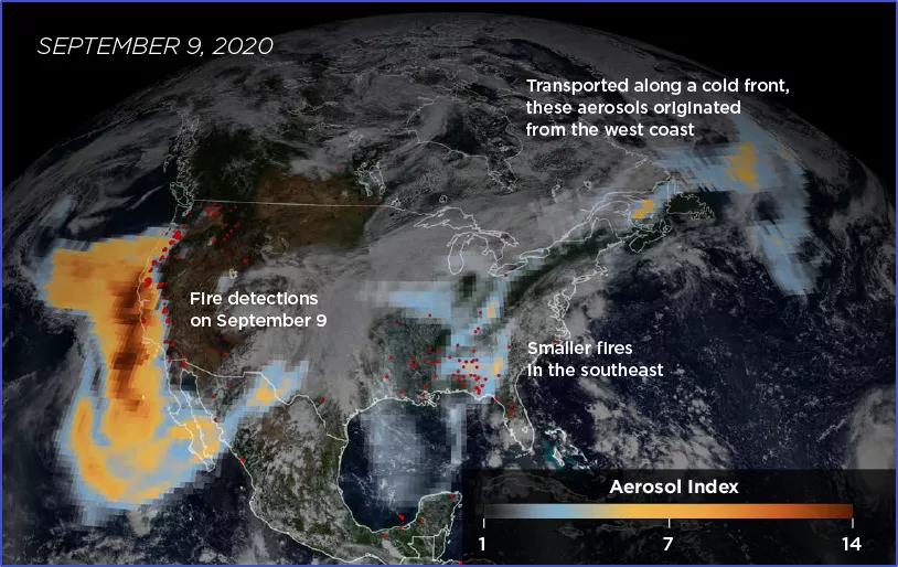 Color enhanced satellite image showing aerosol smoke plumes over western United States blowing toward the east, due to wildfires.