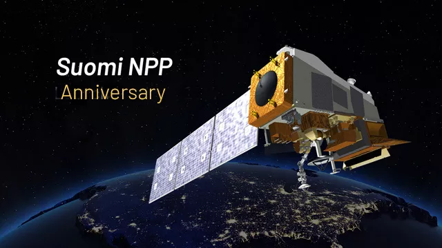Render of a satellite in space with the text "Suomi NPP Anniversary"