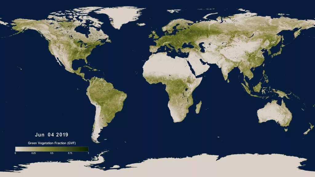 Digital visualization of the Earth's continents with enhanced color areas representing the greening areas.