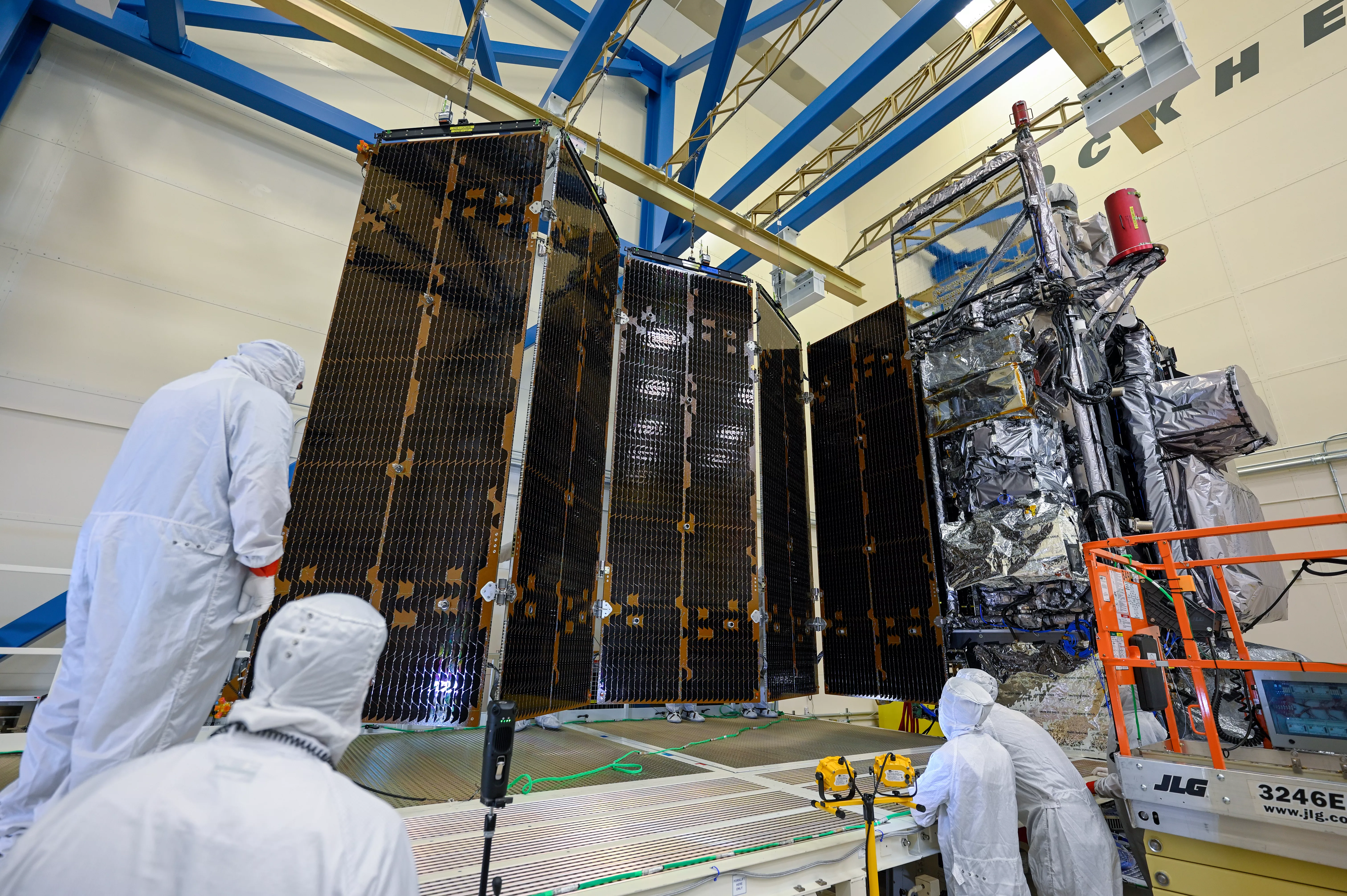 Image of GOES-U’s five solar panels are unfurled during the solar array deployment test. 