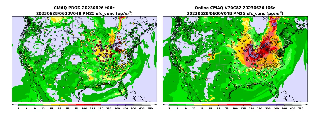 CMAQ operational forecasts before and after incorporating RAVE