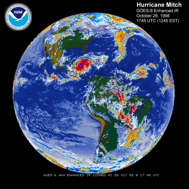 Full disk image with Hurricane Mitch, enhanced infrared via GOES-8.