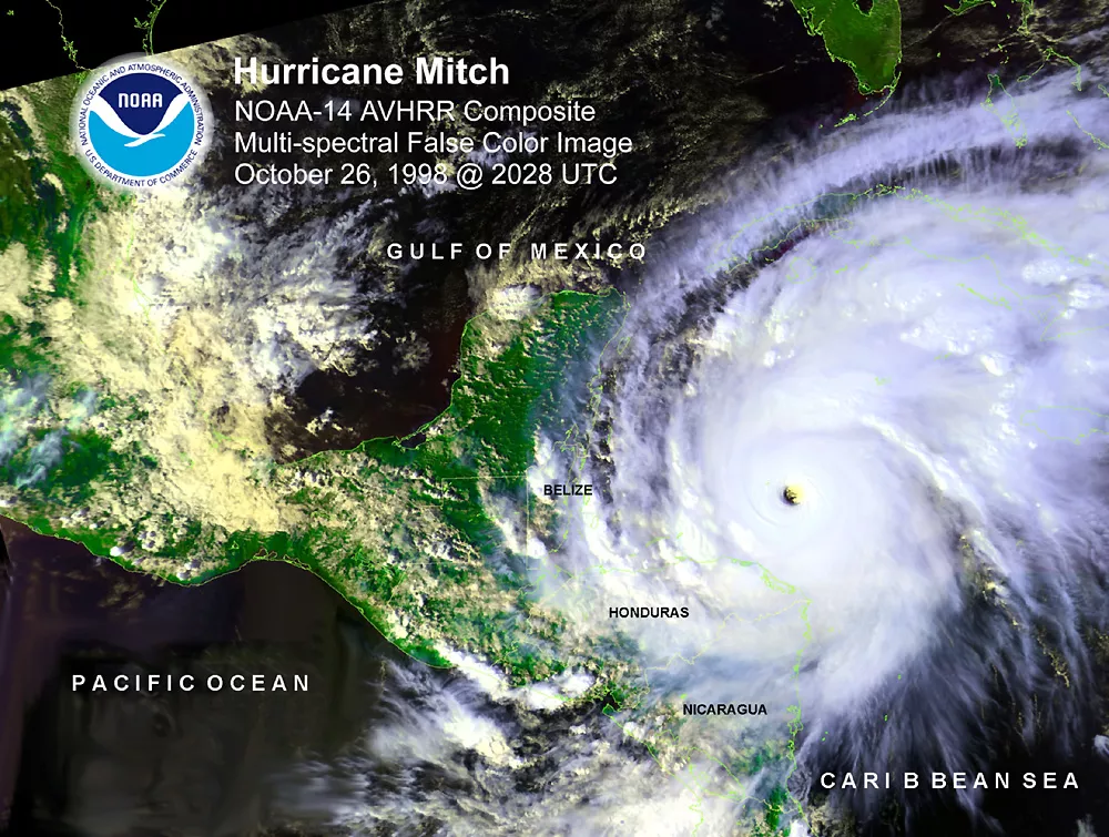 Satellite imagery of Hurricane Mitch on Oct. 26, 1998 via NOAA-14. This is an AVHRR Composite Multi-spectral False Color image.