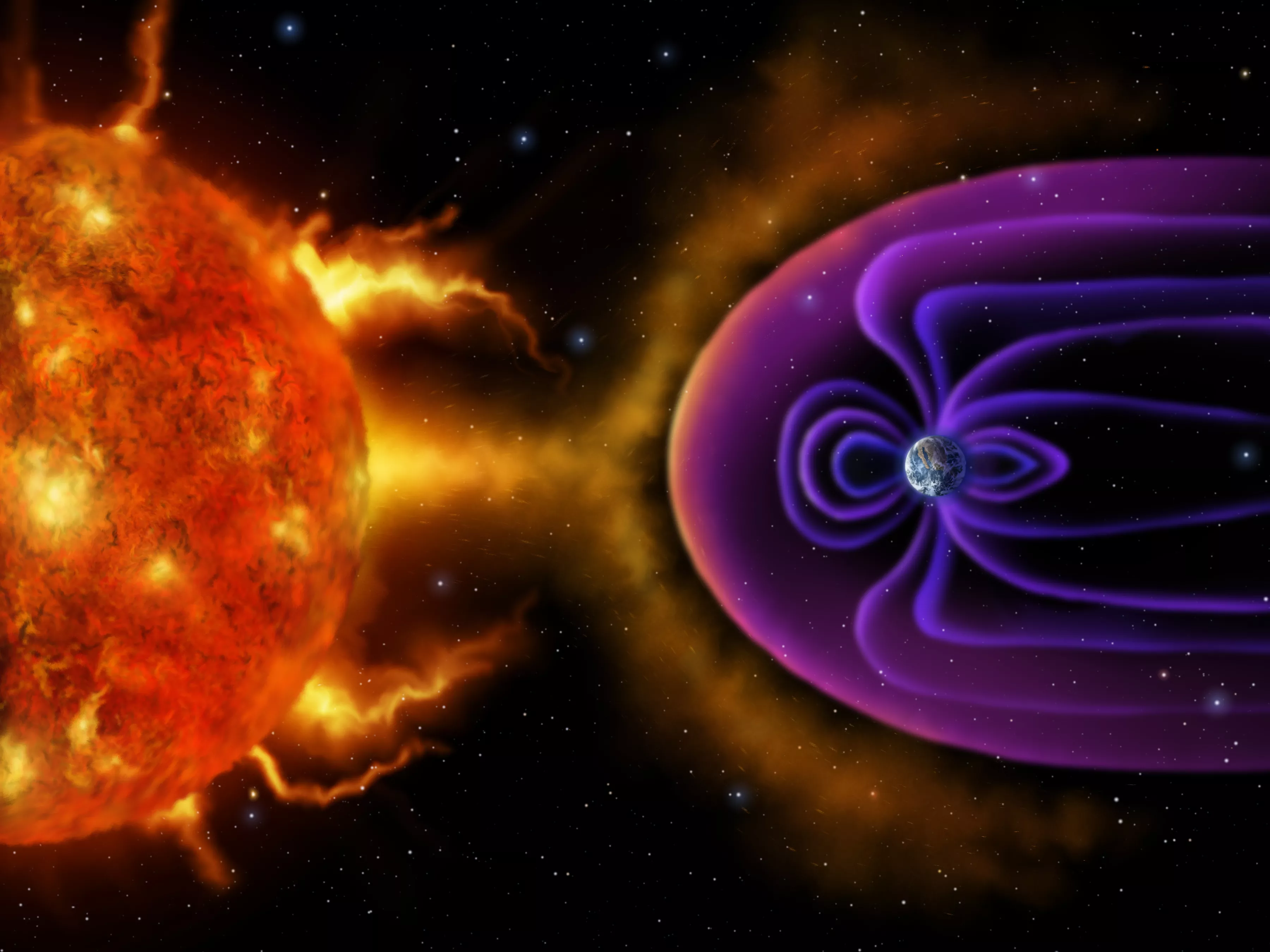 A painting of the Sun and earth in space while also displaying space weather.