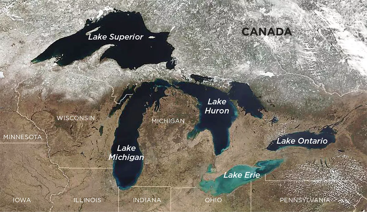 Satellite image of the Great Lakes on April 12, 2023.