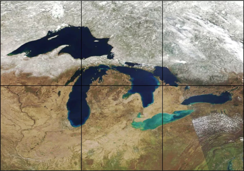 VIIRS satellite image of the Great Lakes area during Spring.