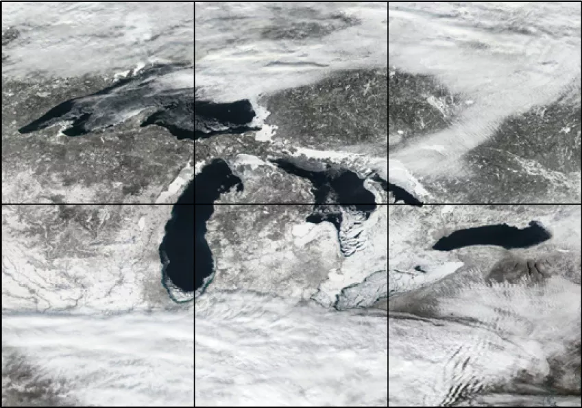 VIIRS Satellite image over the Great Lakes area during winter.