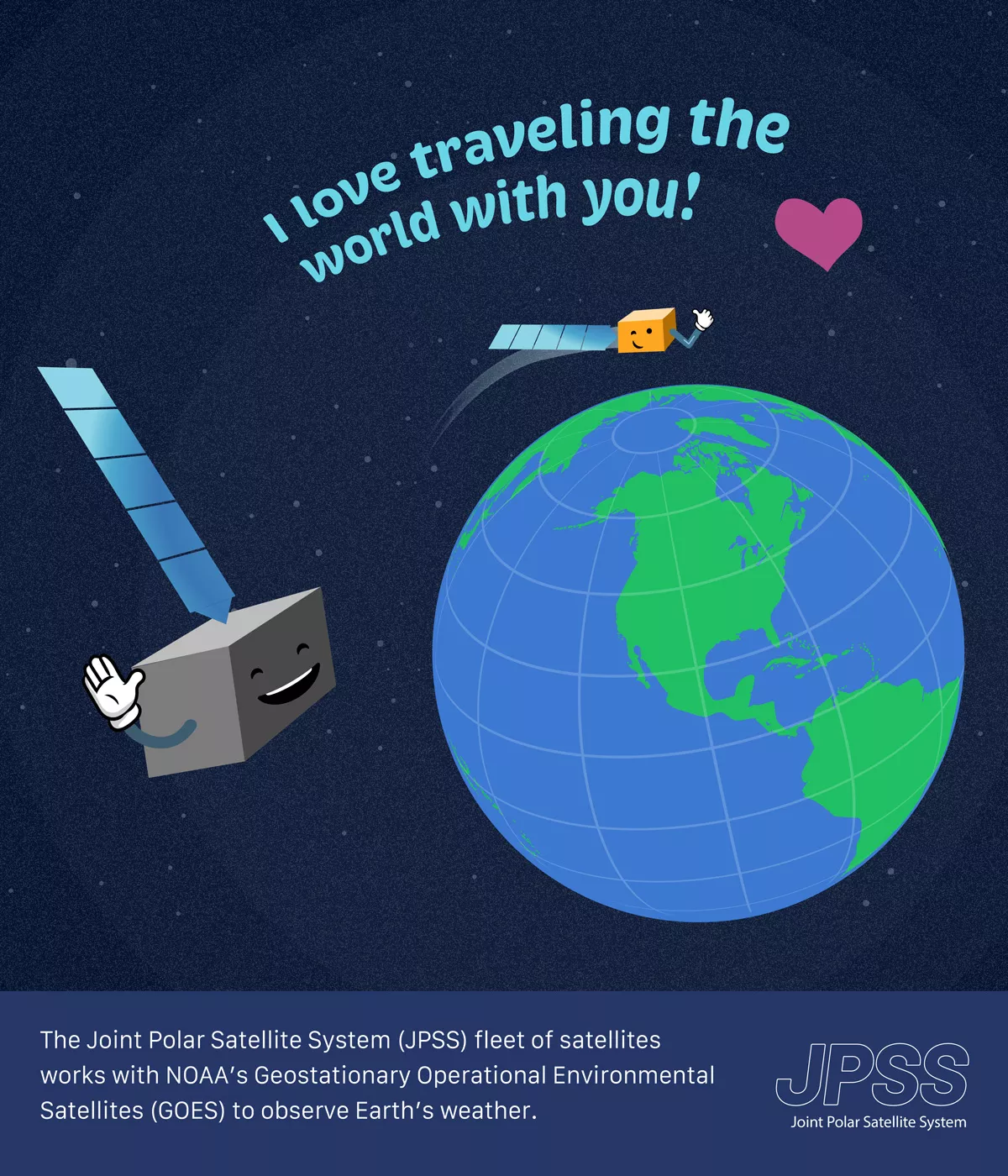 Whimsical valentine card illustration of 2 cartoon satellites over the Earth, waving to each other. Description text below reads, "The Joint Polar Satellite System (JPSS) fleet of satellites works with NOAA's Geostationary Operational Environmental Satellites (GOES) to observe Earth's weather."