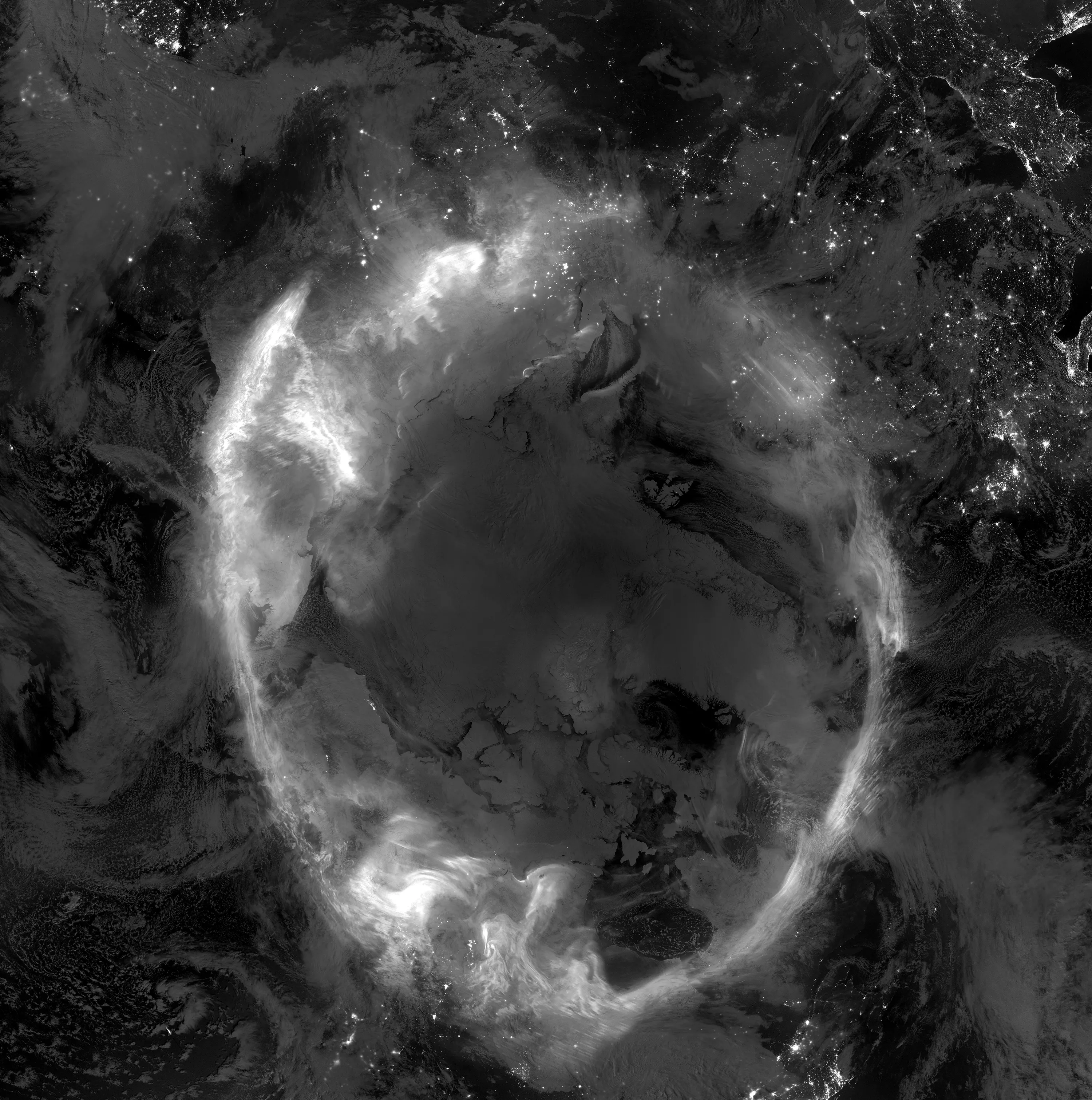 Composite from NOAA-21 VIIRS satellite imagery of auroras over the Arctic created by the effects of a geomagnetic storm that reached the Earth on November 5-6, 2023.