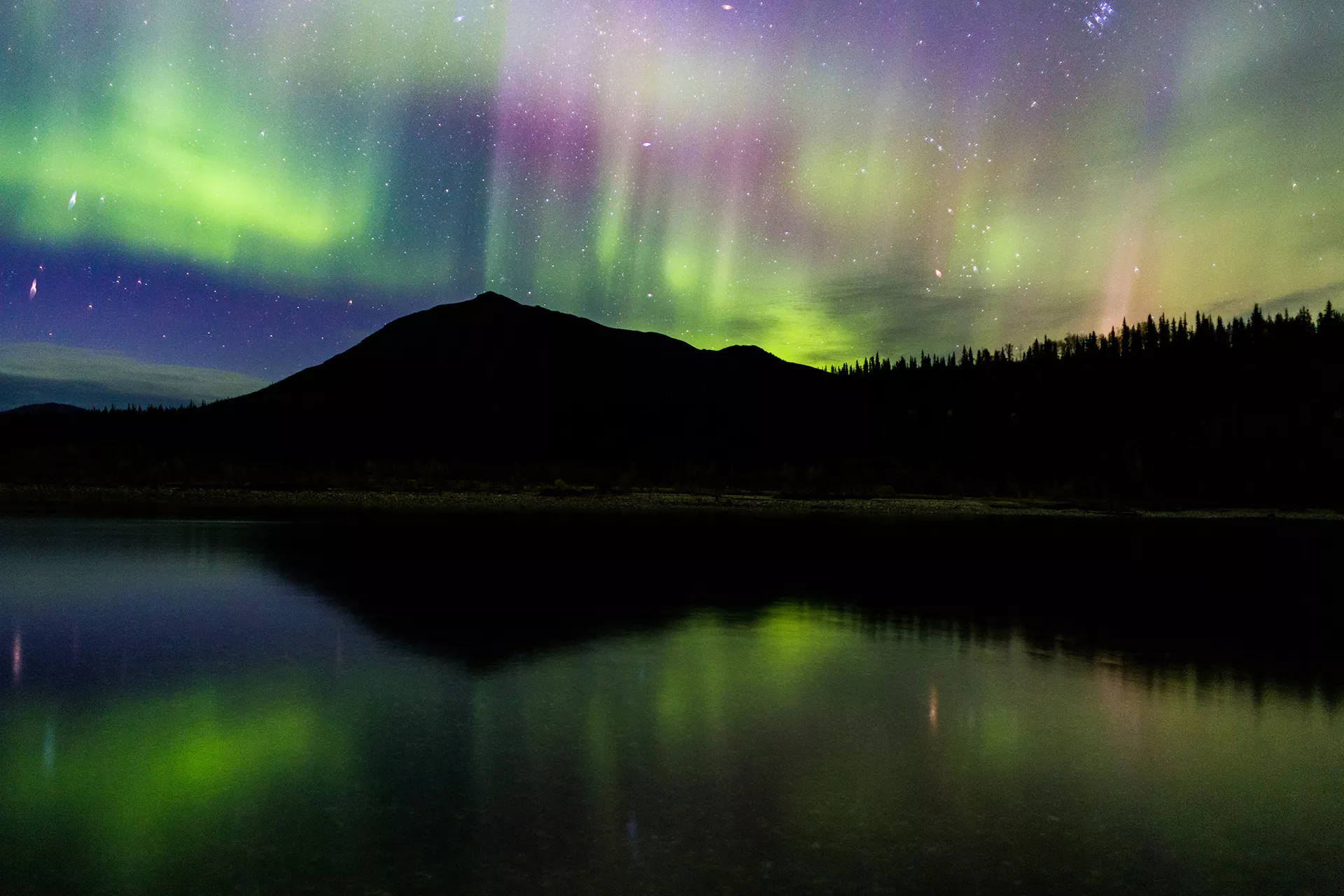 Photo of silhouette of a mountain and treeline with streaks of colorful lights in the night sky.