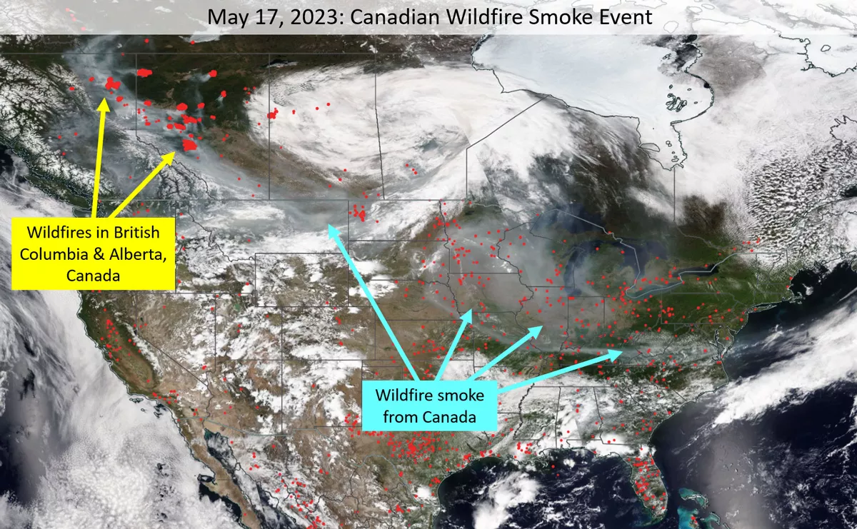 This VIIRS satellite true color imagery is overlaid with annotations to depict a wildfire smoke event on May 17, 2023. Red dots indicate the locations of active wildfires, concentrated mainly in British Columbia and Alberta, Canada, as noted by a yellow arrow and text. Blue arrows trace the movement and spread of smoke from these wildfires across a broader region, with the text "Wildfire smoke from Canada" explaining the direction of the smoke's travel. The smoke traveled southeast across the Upper Midwest