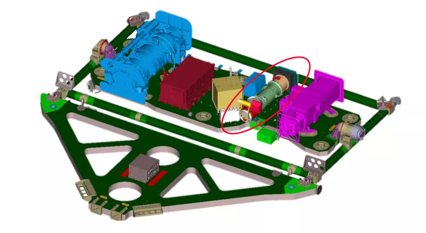 A CAD rendering of the CCOR instrument's placement on the GOES-U satellite.