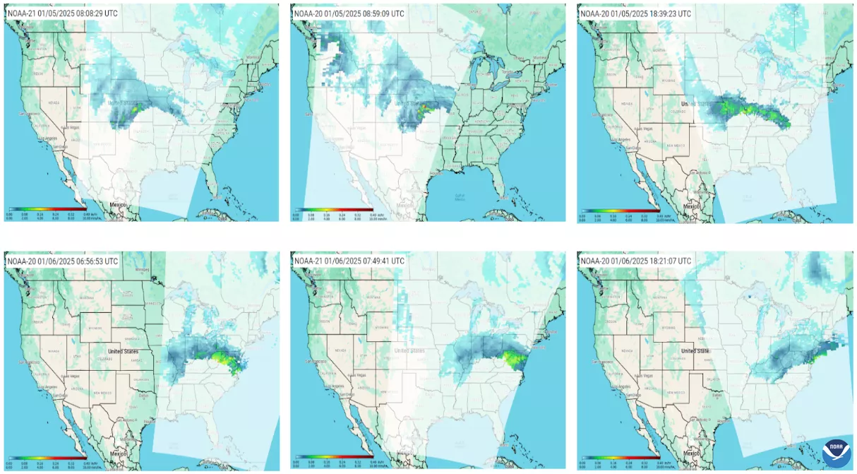 Six maps of the contiguous United States are shown in green and white. Swaths of satellite imagery appear over top of the map from the west coast to the east coast showing a winter storm in blue and green pixels as it crossed the country. The blue and greens in the strom images represent snowfall rate. In the bottom left corner of each map, a color bar ranging from blue to deep red shows the colors that represent various rates of snowfall that could appear in the storm images. In the top left corner of eac