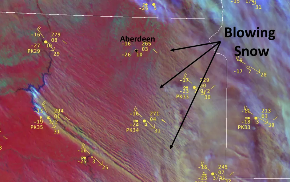 Blowing snow in northeastern South Dakota as seen from NOAA’s GOES-16 satellite on January 13, 2024