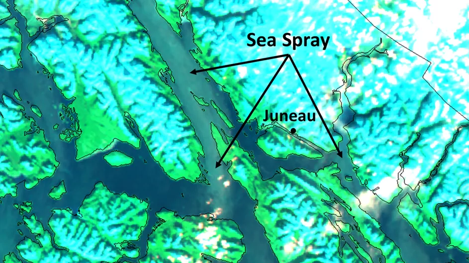 Sea spray near Juneau, Alaska, as seen from the VIIRS instrument on NOAA’s JPSS Program satellites on November 20, 2024 [Credit: NOAA]