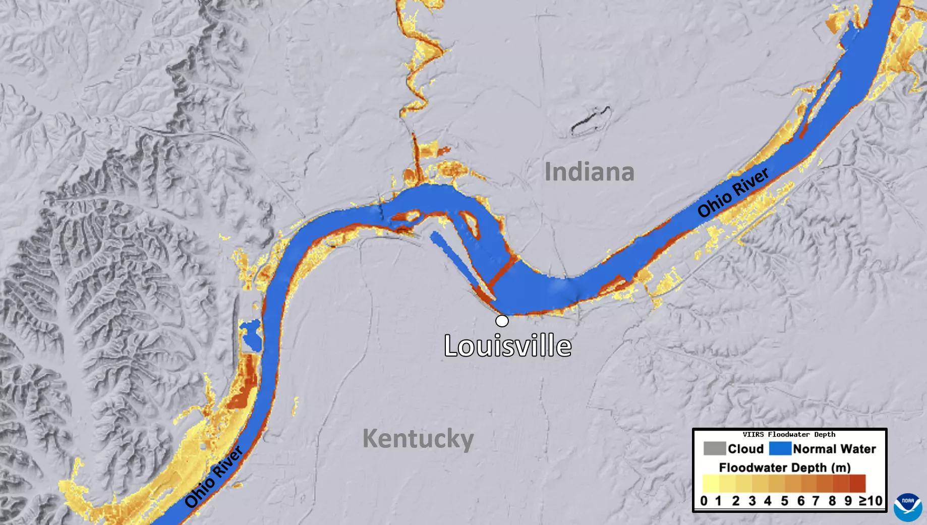 Satellite imagery via NOAA's JPSS satellites shows the Ohio River between Indiana and Kentucky. The base map appears gray, with darker landforms. The river itself snakes from the bottom left corner to the top right corner. The normal water level is shown as blue, while flood water appears yellow to red in color depending on the depth, respectively. Some areas of red appear closest to the normal "blue" water level, while yellow and orange areas are much more extensive. A key and the NOAA logo are in 