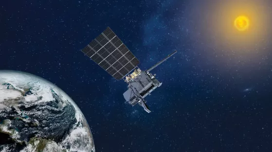 Artist's rendering of GOES-19 in orbit. The Earth is beneath it to the left, and the sun is in the upper right.