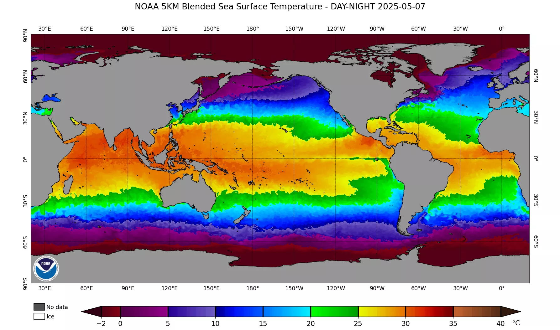 Sea surface temperature seen over the entire earth from space.