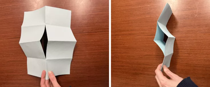 Collage of 2 photos showing the unfolded paper with the paper slit, and paper folded lengthwise but revealing a slight hole from where the slit was made.