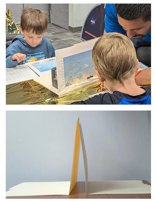 Top photo: two kids playing the board game. Bottom photo: 2 manila folders are propped up against each other.