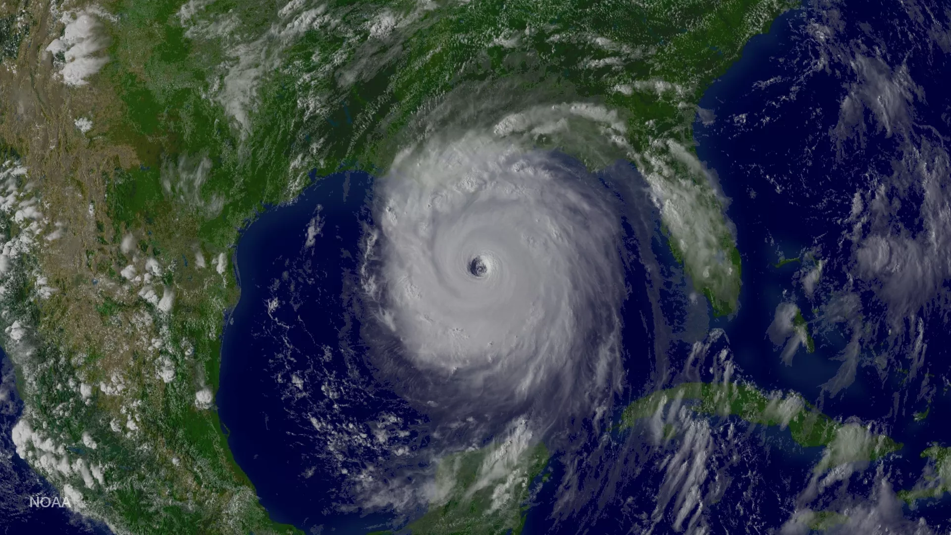 Hurricane Katrina at maximum intensity, GOES East at 2015 UTC on August 28, 2005