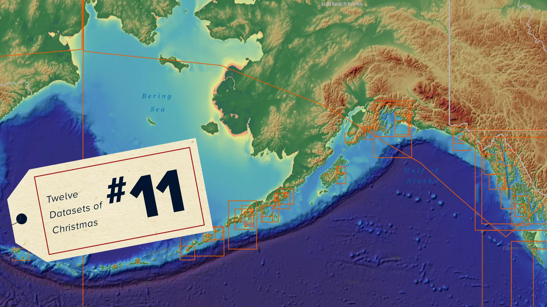 Image of Alaska and the Bering Strait in color, showing bathemetry data, with a #11 ag of the 12 Datasets of Christmas on top..