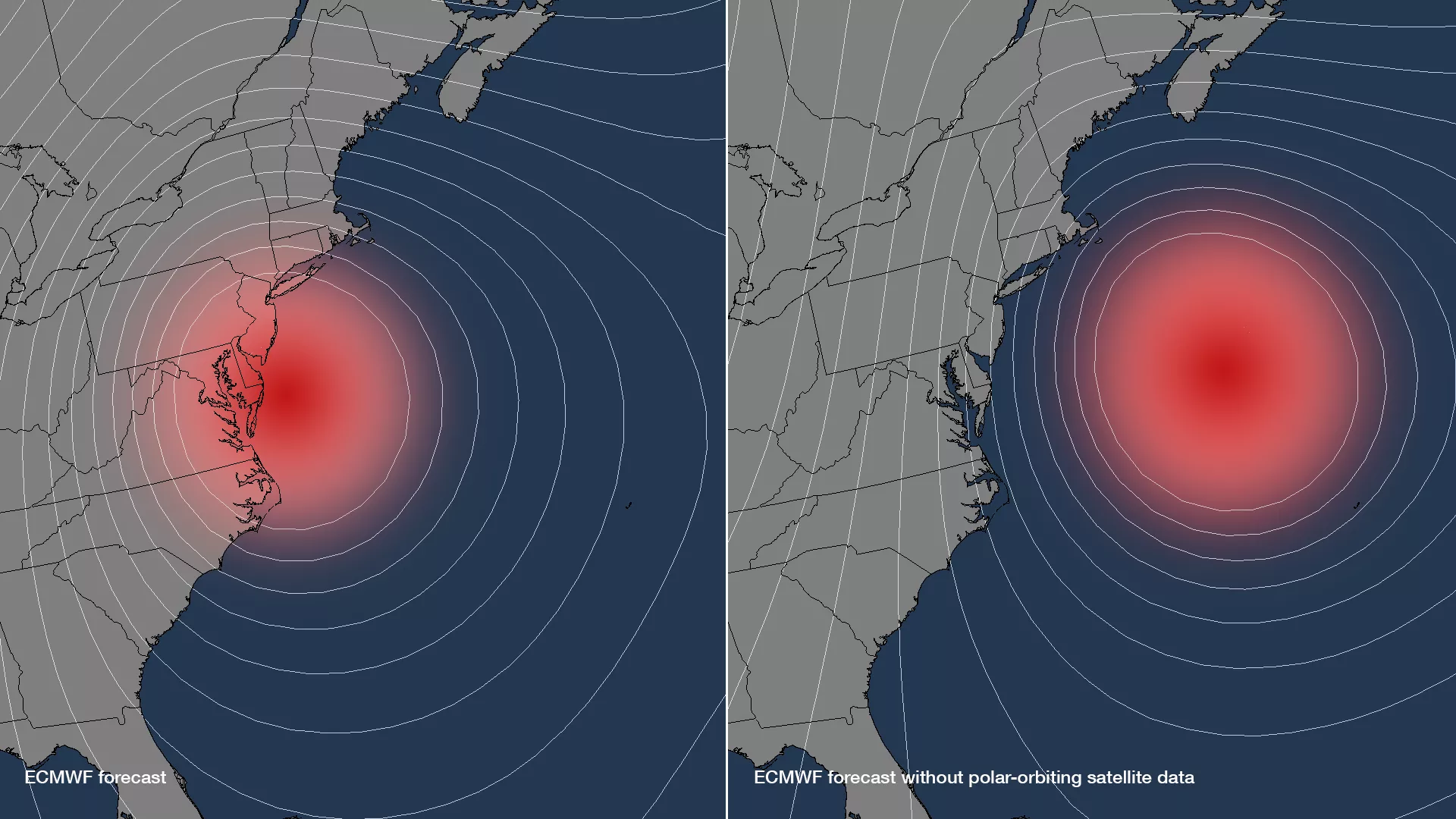 Side-by-side view of forecasts for Hurricane Sandy--one being the forecast with polar-orbiting satellite data, and the second being the forecast without it. The forecast with polar data shows the storm turning inland.