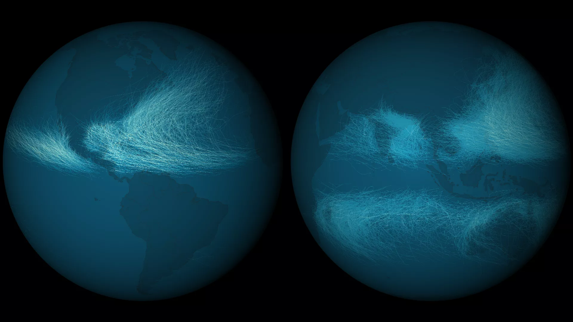 Two full-disk views of the globe with all recorded hurricane tracks from 1842-2012.
