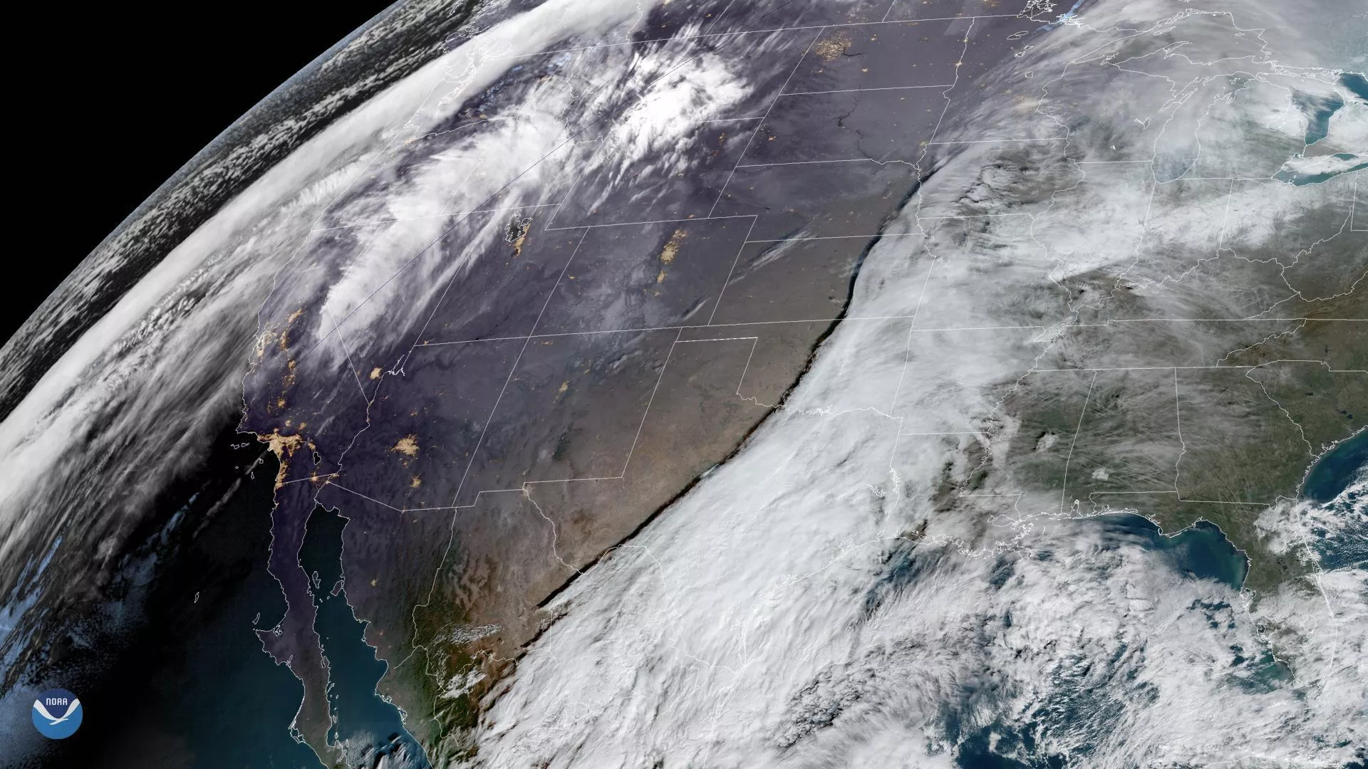 GOES East imagery of two storms moving across the United States on Dec. 20, 2019- an atmospheric river on the West Coast, and a storm in the Southeast. 