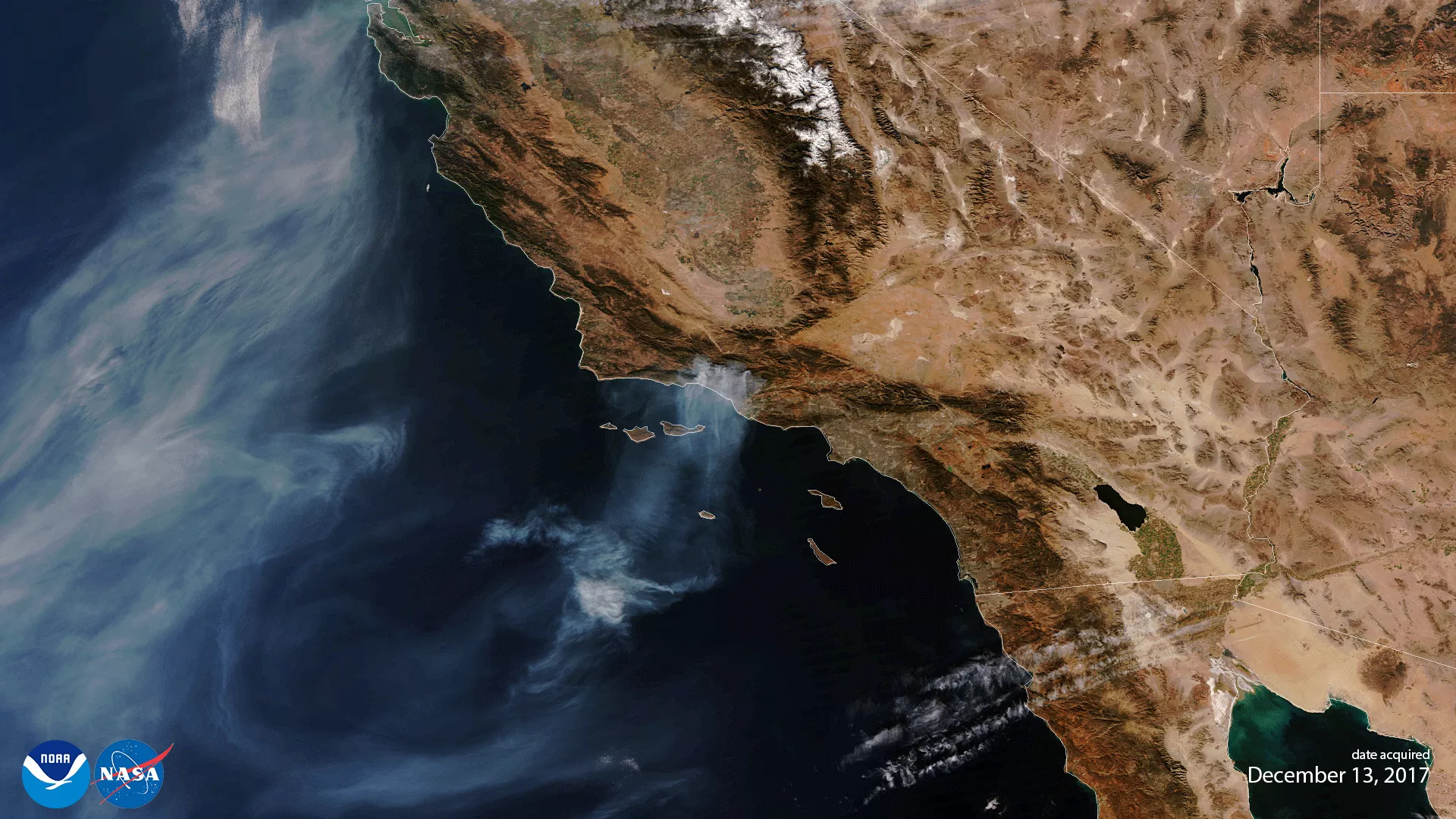 The first True Color rendering of data from NOAA-20’s VIIRS instrument, which showed the Thomas wildfire on Dec. 13, 2017.