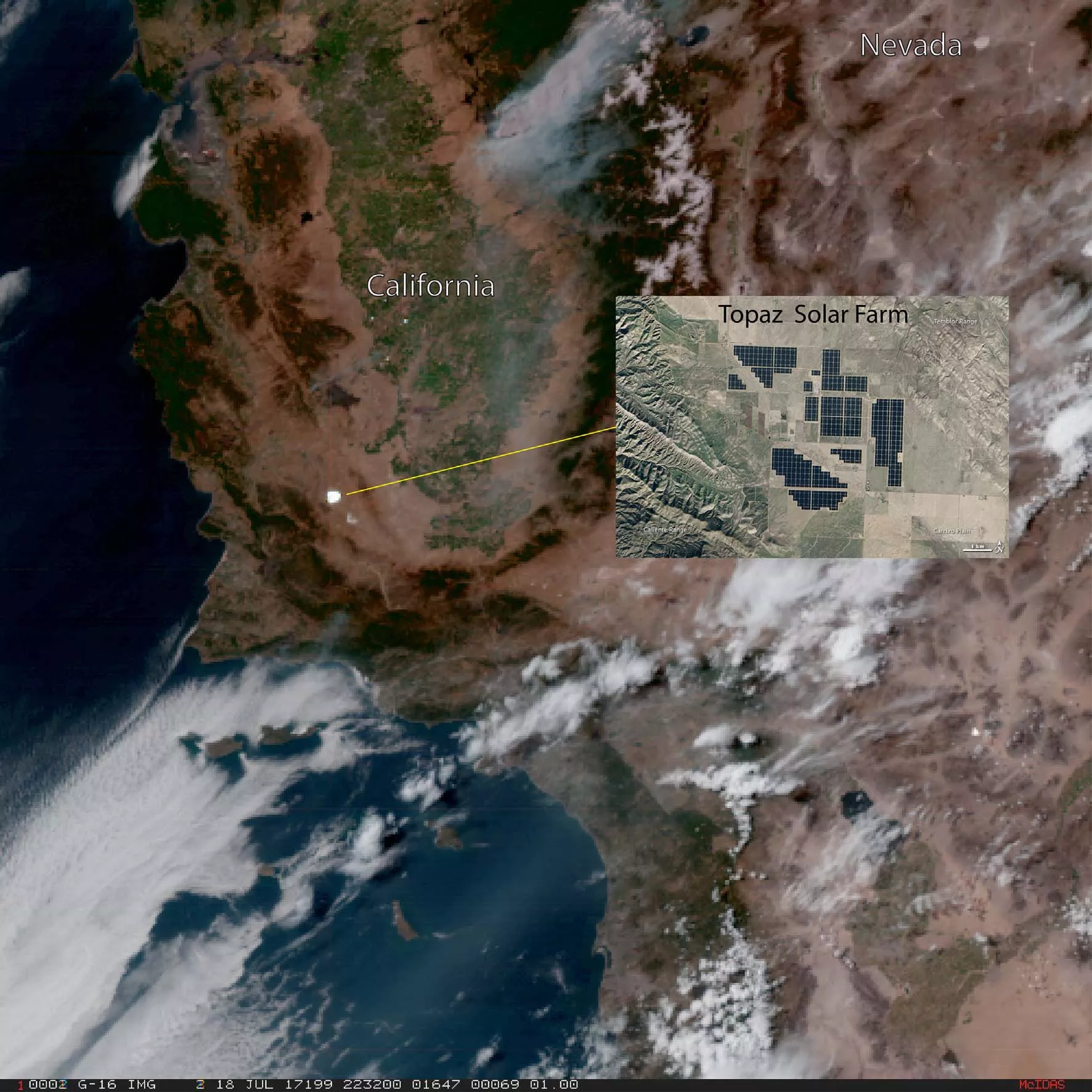 GOES-16 true color imagery over California collected on July 18, 2017 shows the reflection of sunlight off solar panels at the Topaz Solar Farm