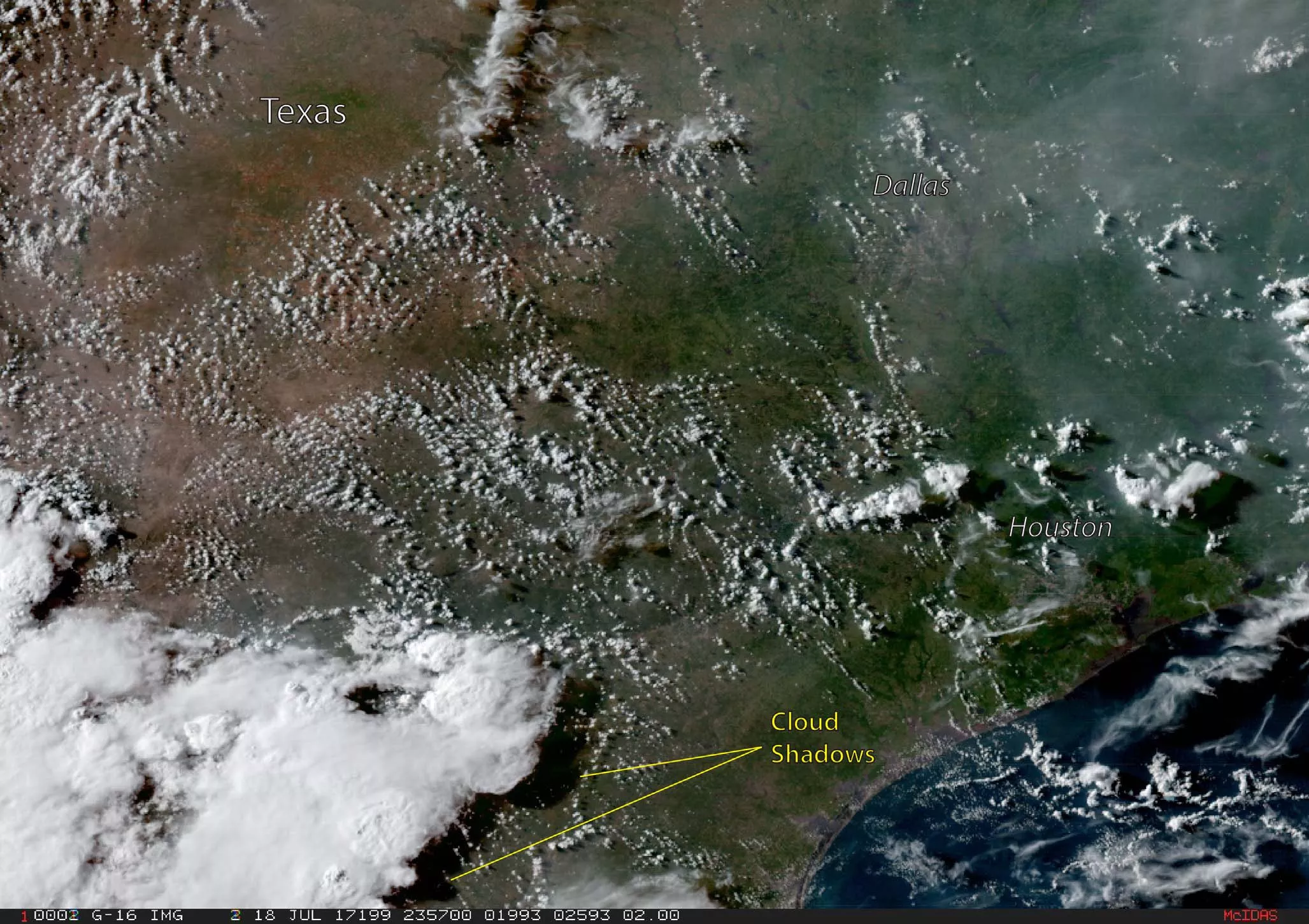 GOES-16 true color imagery over southern Texas, showing thunderstorm anvils.