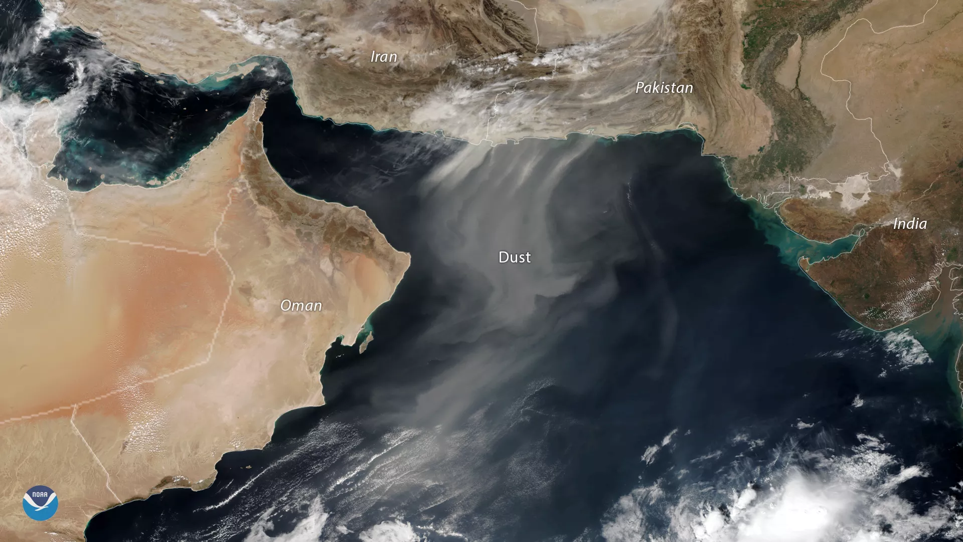 Satellite imagery of dust blowing from Pakistan and Iran into the Gulf of Oman and the Arabian Sea