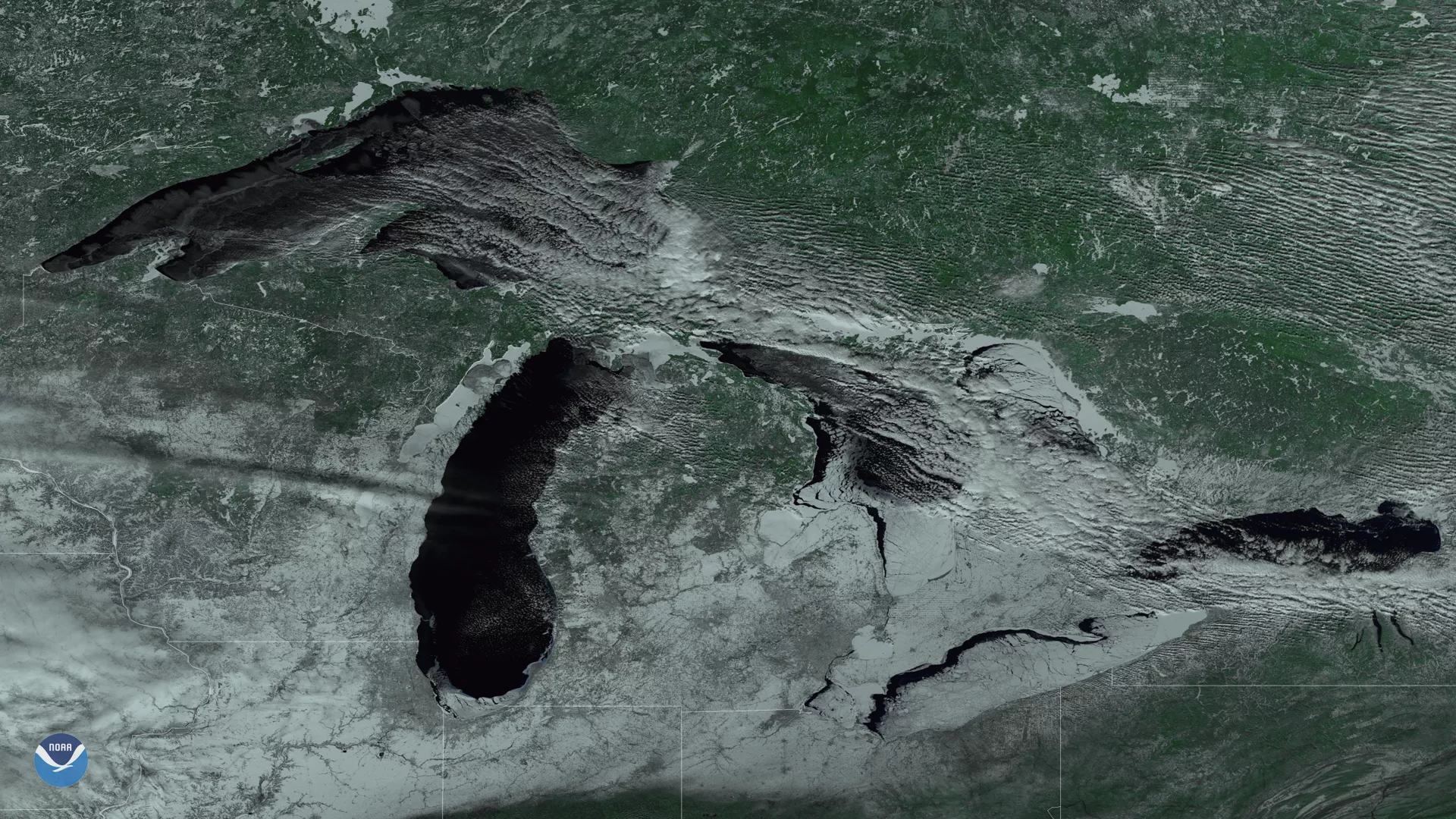 Suomi-NPP view of the Great Lakes with Lake Erie almost completely covered  in ice.
